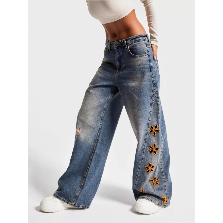 Floral Embroidered Wide Leg Jeans Blue / S Apparel and Accessories