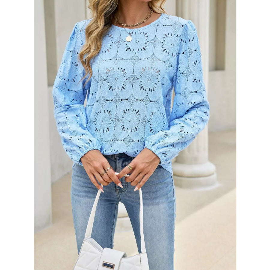 Floral Eyelet Lace Long Sleeve Blouse Apparel and Accessories