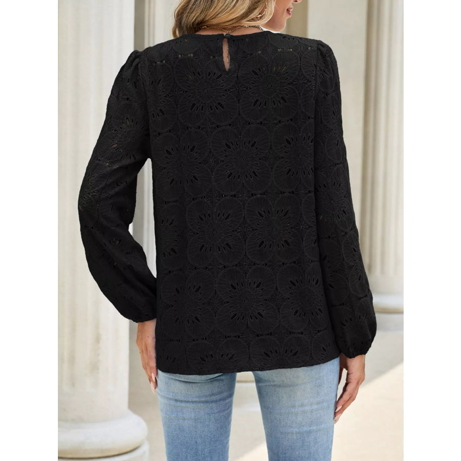 Floral Eyelet Lace Long Sleeve Blouse Apparel and Accessories