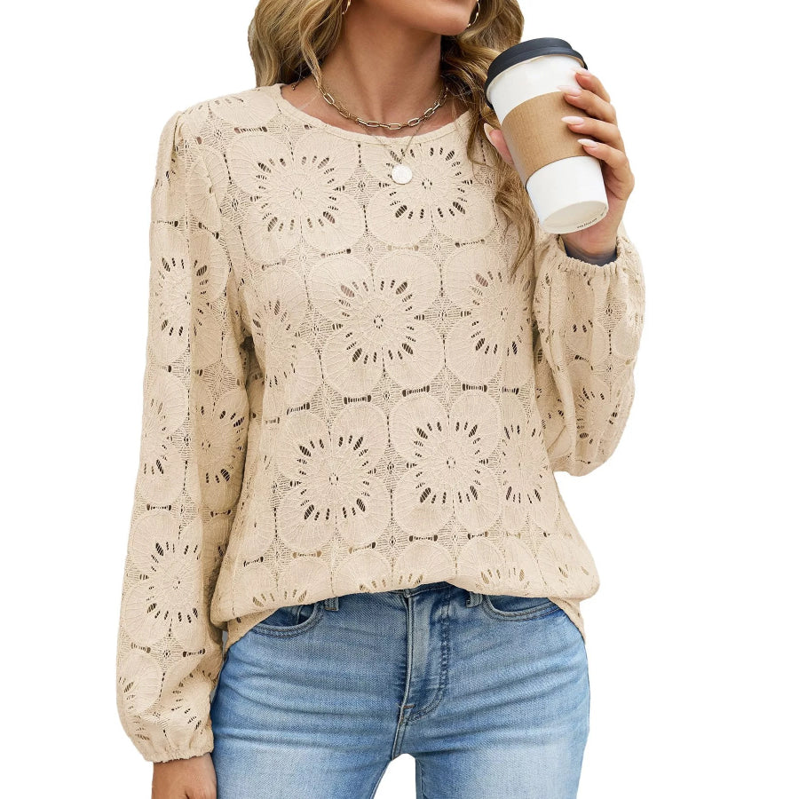 Floral Eyelet Lace Long Sleeve Blouse Apparel and Accessories