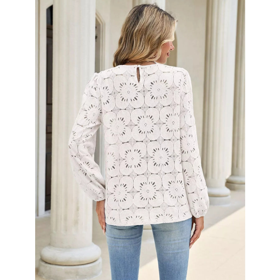 Floral Eyelet Lace Long Sleeve Blouse Apparel and Accessories