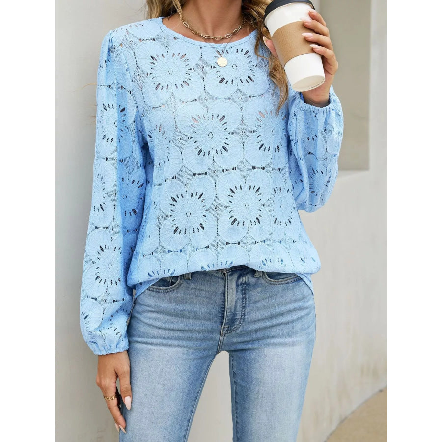 Floral Eyelet Lace Long Sleeve Blouse Apparel and Accessories