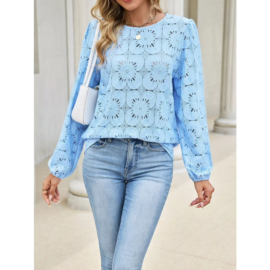 Floral Eyelet Lace Long Sleeve Blouse Apparel and Accessories