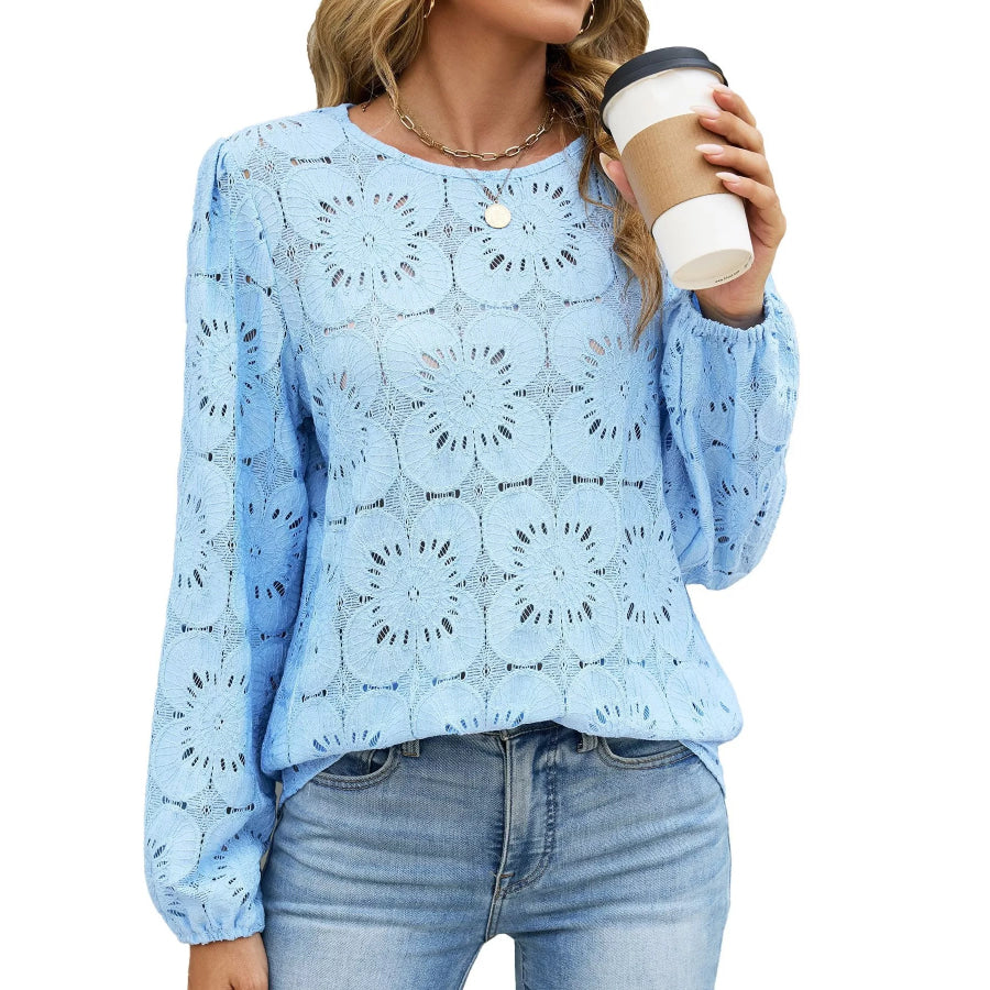 Floral Eyelet Lace Long Sleeve Blouse Apparel and Accessories