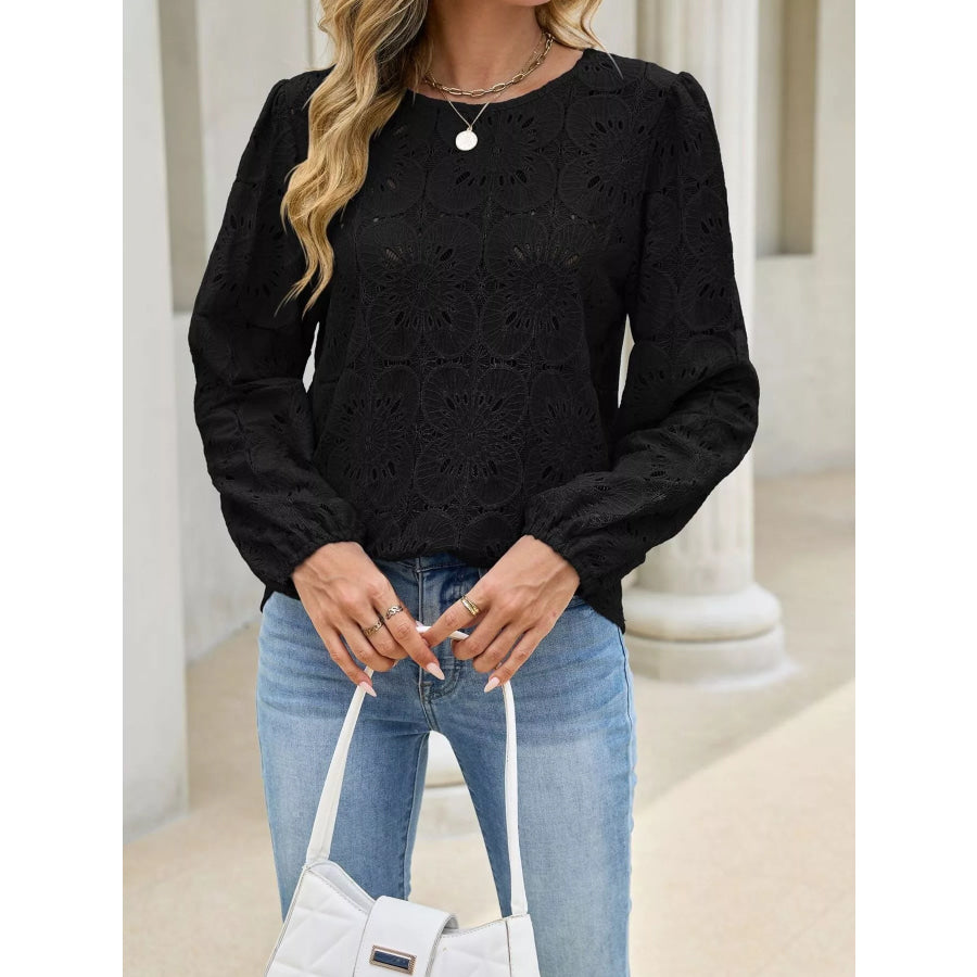 Floral Eyelet Lace Long Sleeve Blouse Apparel and Accessories