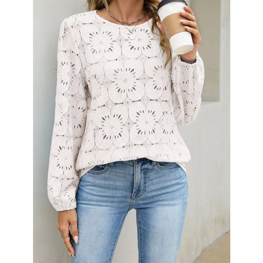 Floral Eyelet Lace Long Sleeve Blouse Apparel and Accessories