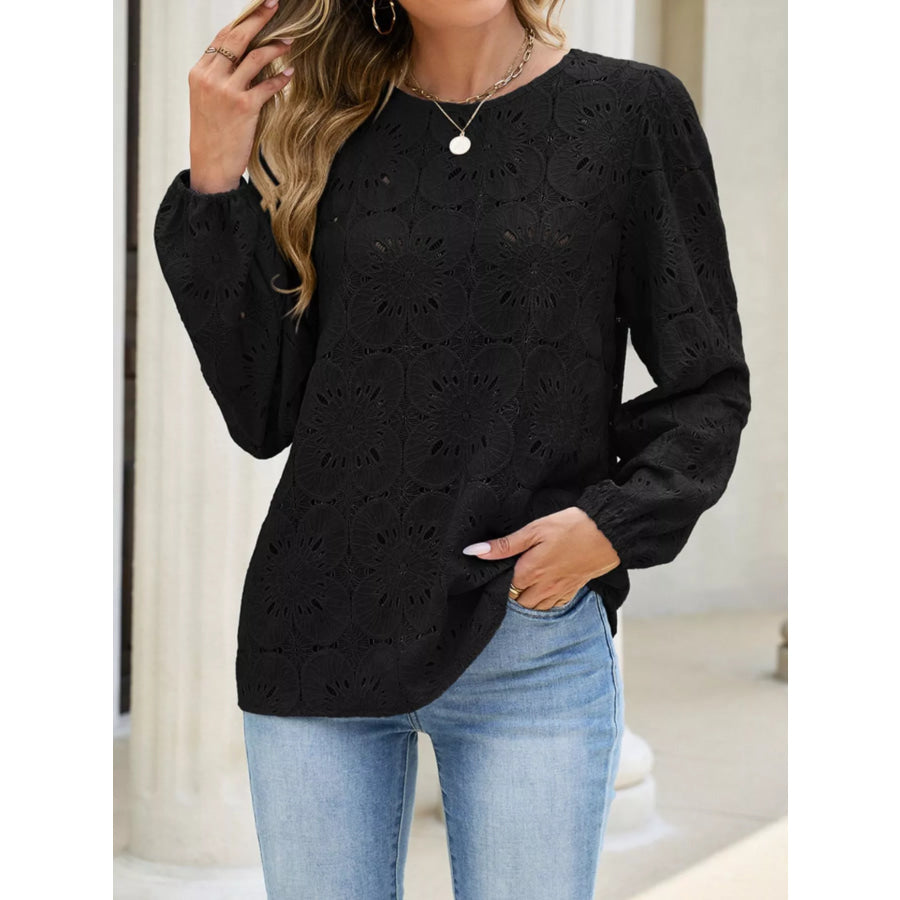 Floral Eyelet Lace Long Sleeve Blouse Black / S Apparel and Accessories