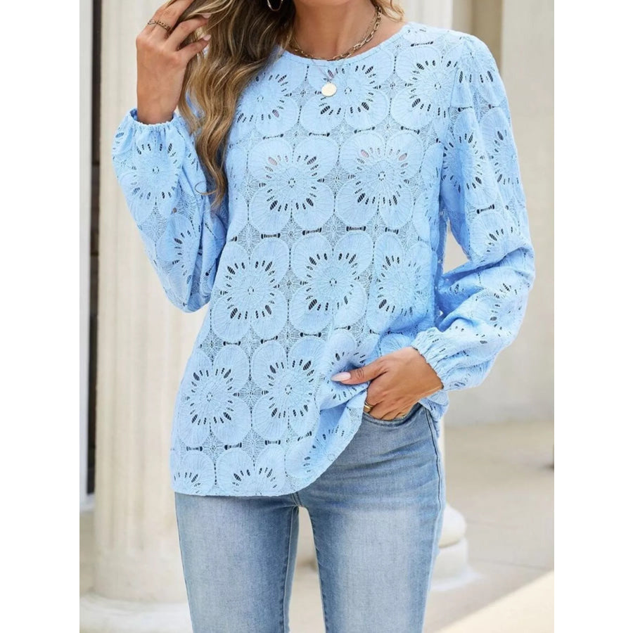 Floral Eyelet Lace Long Sleeve Blouse Sky Blue / S Apparel and Accessories