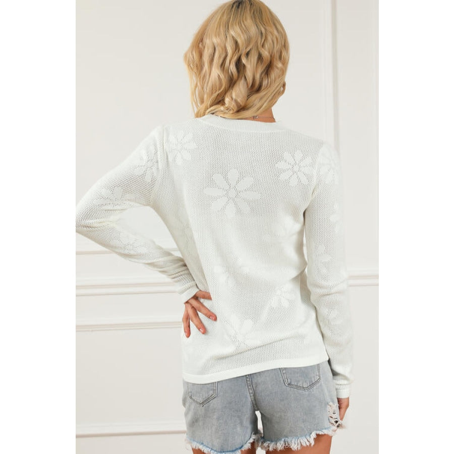 Floral Eyelet Round Neck Long Sleeve Knit Top