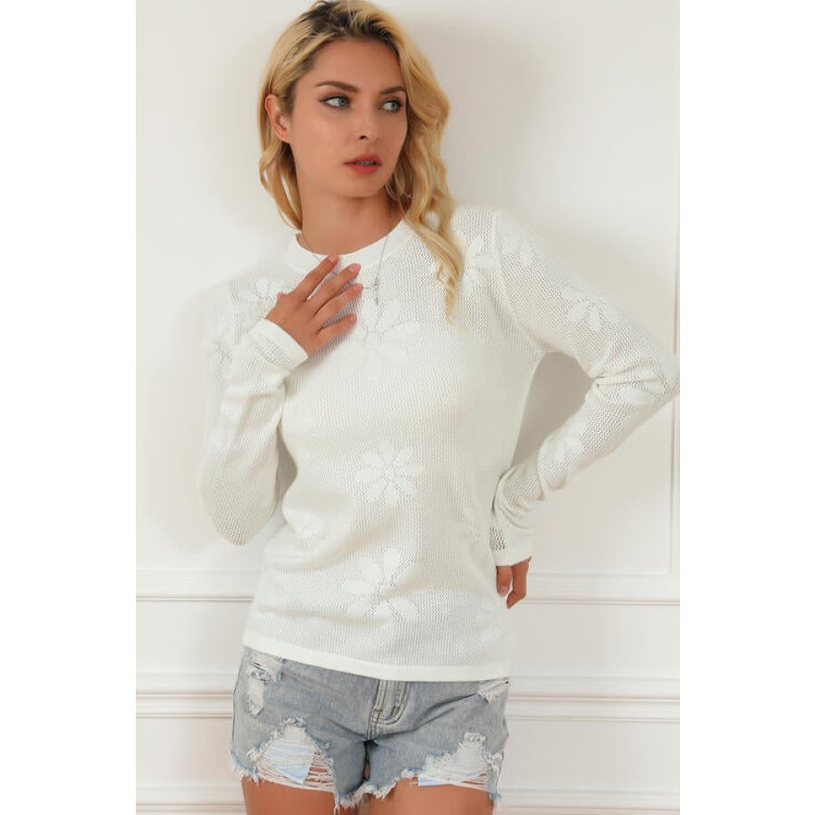 Floral Eyelet Round Neck Long Sleeve Knit Top