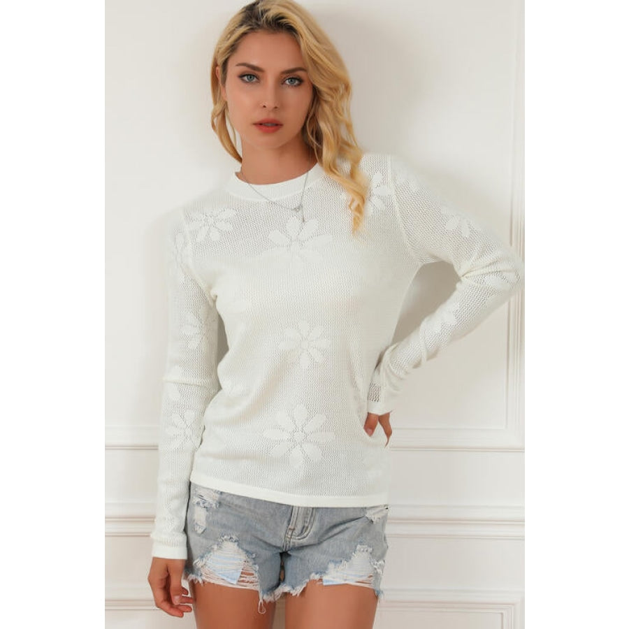 Floral Eyelet Round Neck Long Sleeve Knit Top