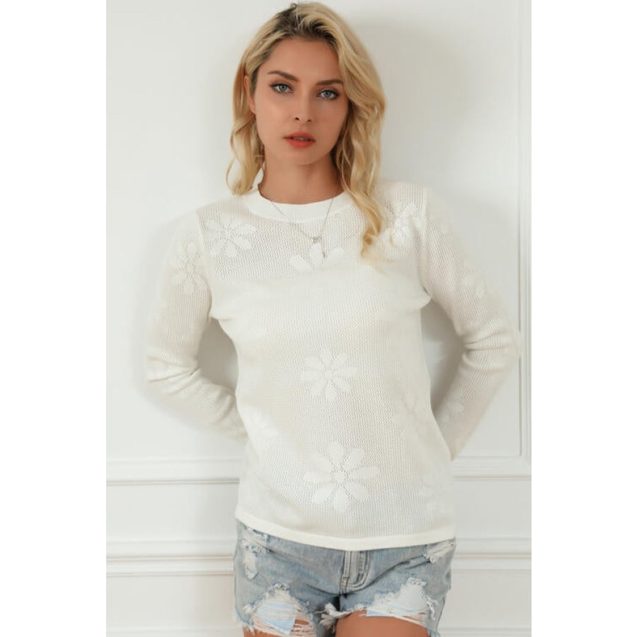 Floral Eyelet Round Neck Long Sleeve Knit Top White / S