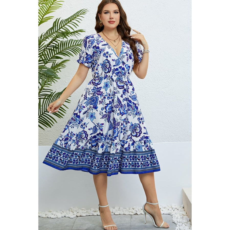 Floral Flounce Sleeve Surplice Dress Cobalt Blue / 1X