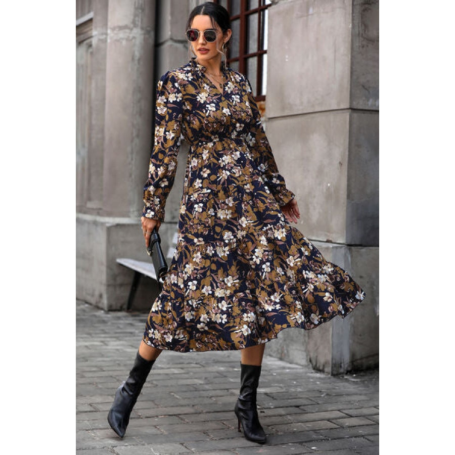 Floral Flounce Sleeve Tiered Dress Navy / S Clothing