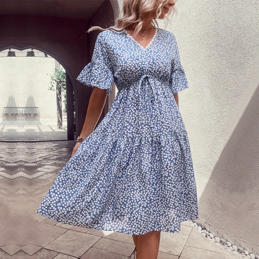 Floral Flounce Sleeve V-Neck Dress Misty Blue / M