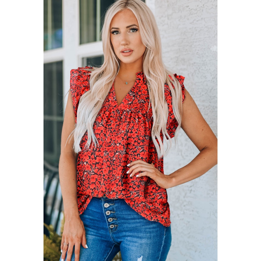 Floral Flutter Sleeve Notched Neck Blouse Red / S