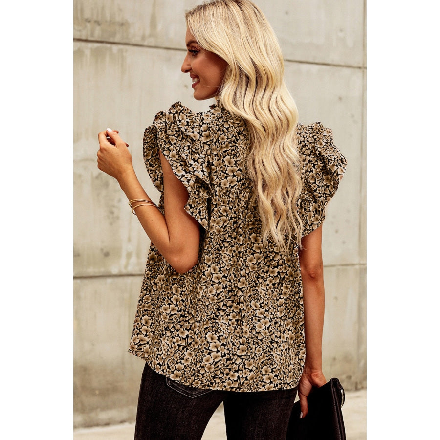 Floral Flutter Sleeve Notched Neck Blouse