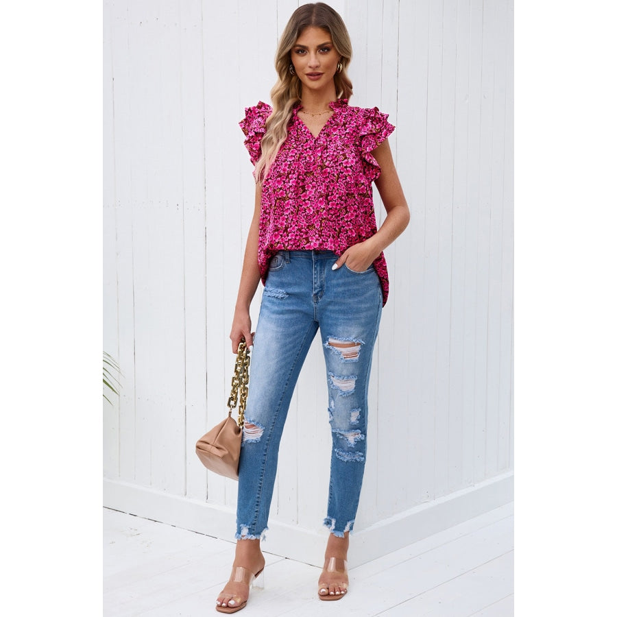 Floral Flutter Sleeve Notched Neck Blouse