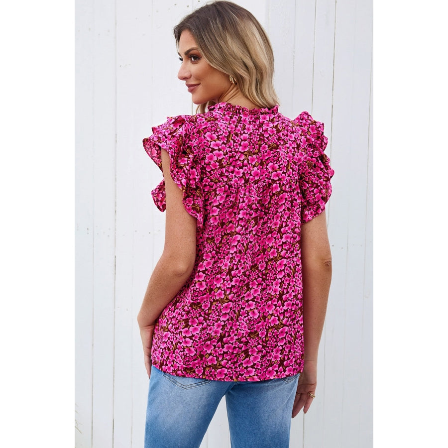 Floral Flutter Sleeve Notched Neck Blouse