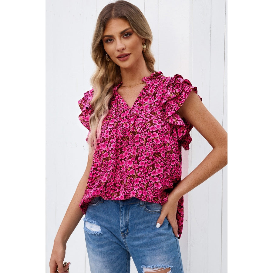 Floral Flutter Sleeve Notched Neck Blouse