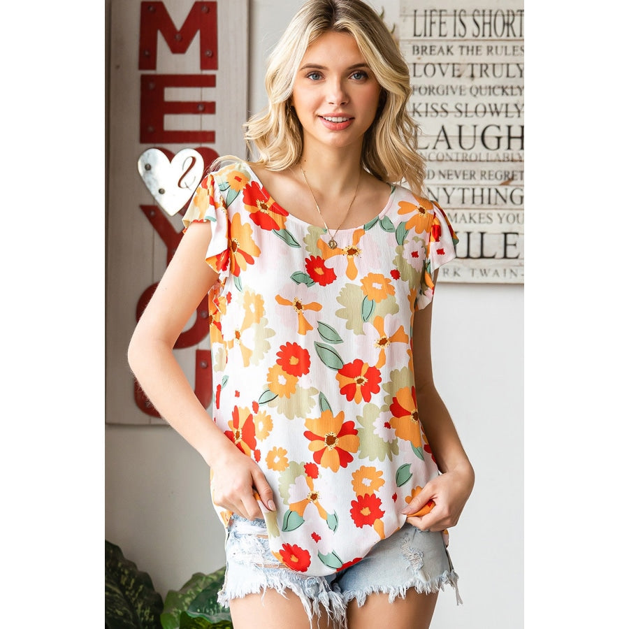 Floral Flutter Sleeve Round Neck Blouse