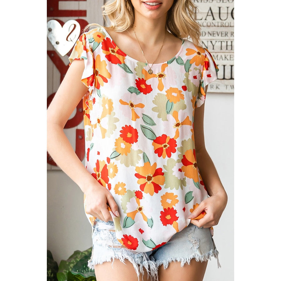 Floral Flutter Sleeve Round Neck Blouse