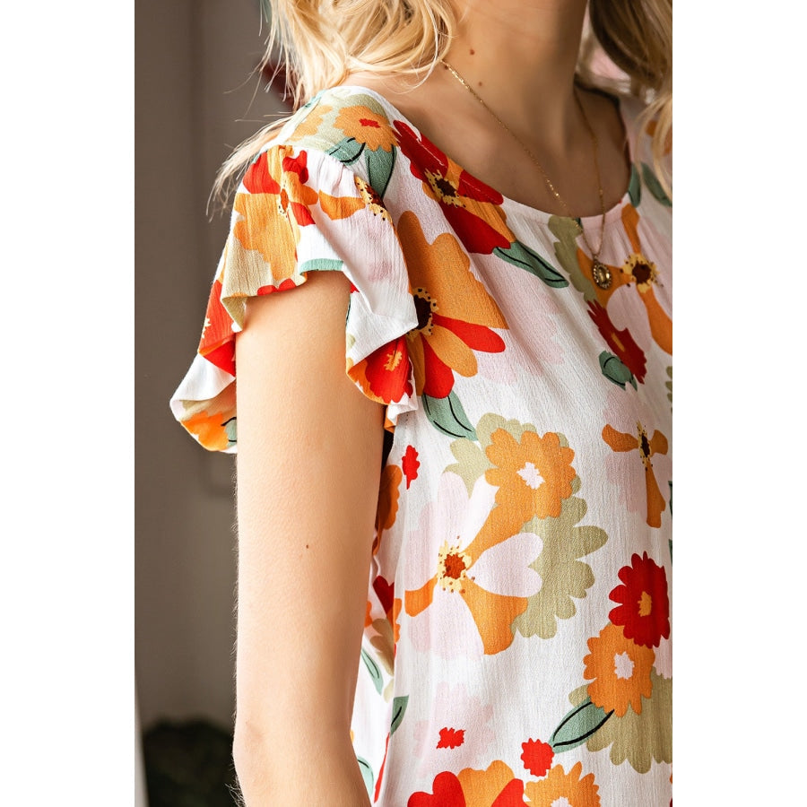 Floral Flutter Sleeve Round Neck Blouse