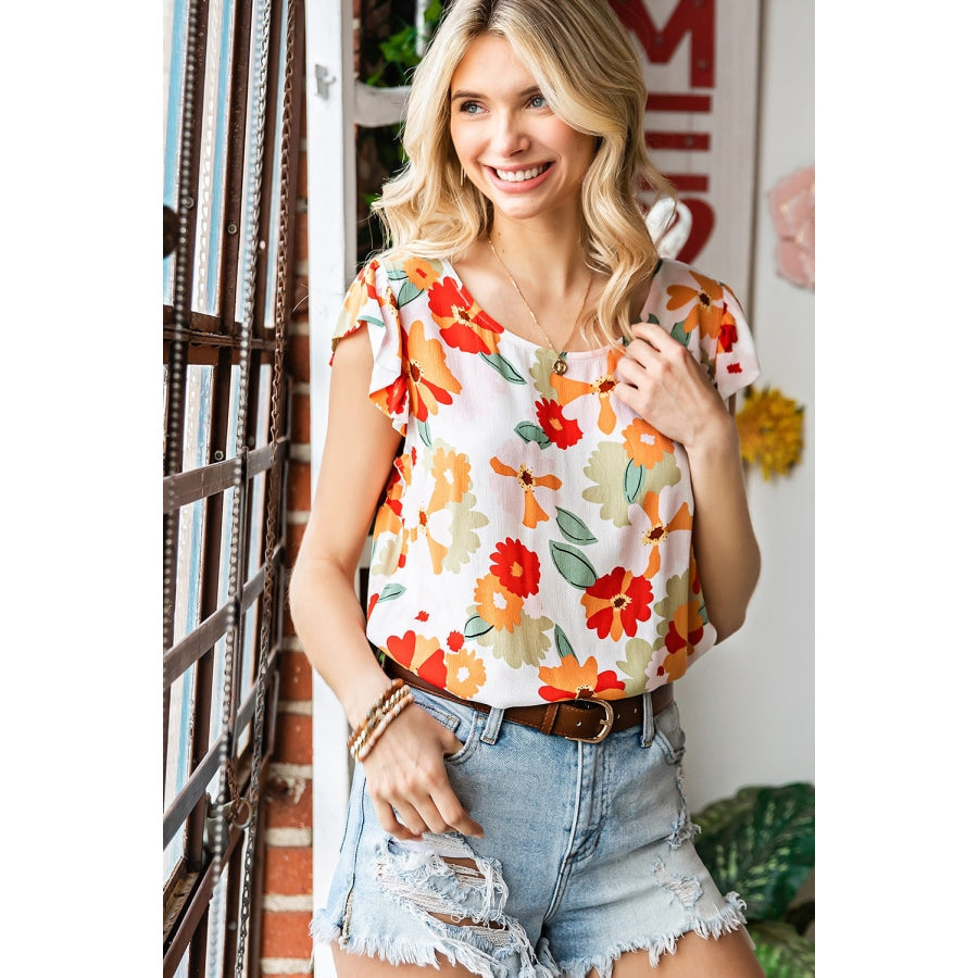 Floral Flutter Sleeve Round Neck Blouse