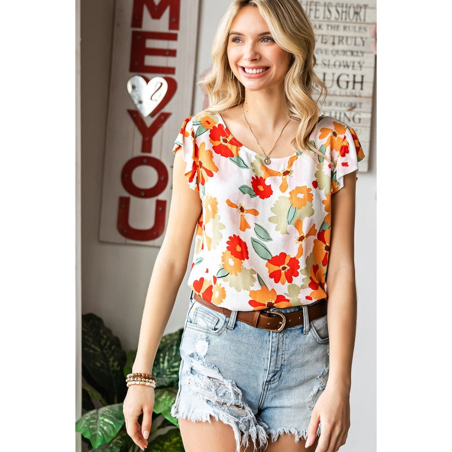 Floral Flutter Sleeve Round Neck Blouse