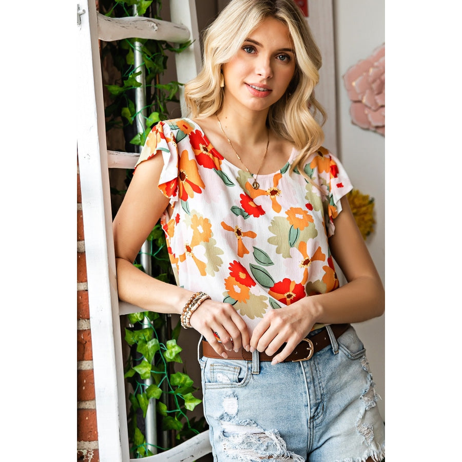 Floral Flutter Sleeve Round Neck Blouse