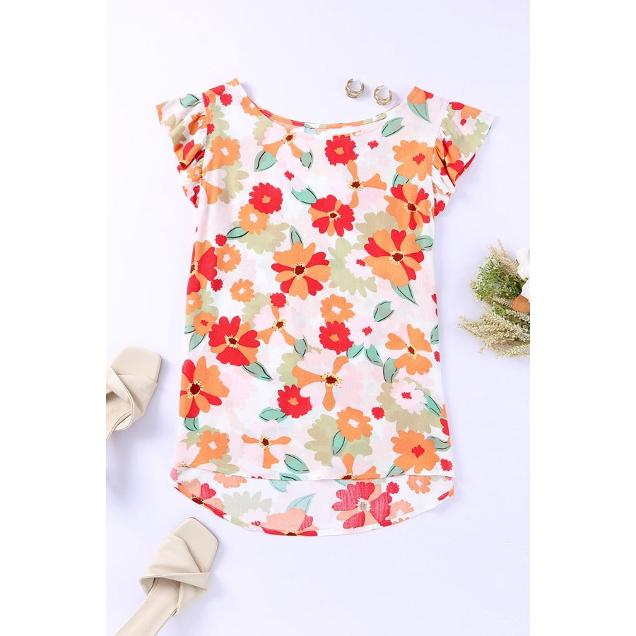 Floral Flutter Sleeve Round Neck Blouse