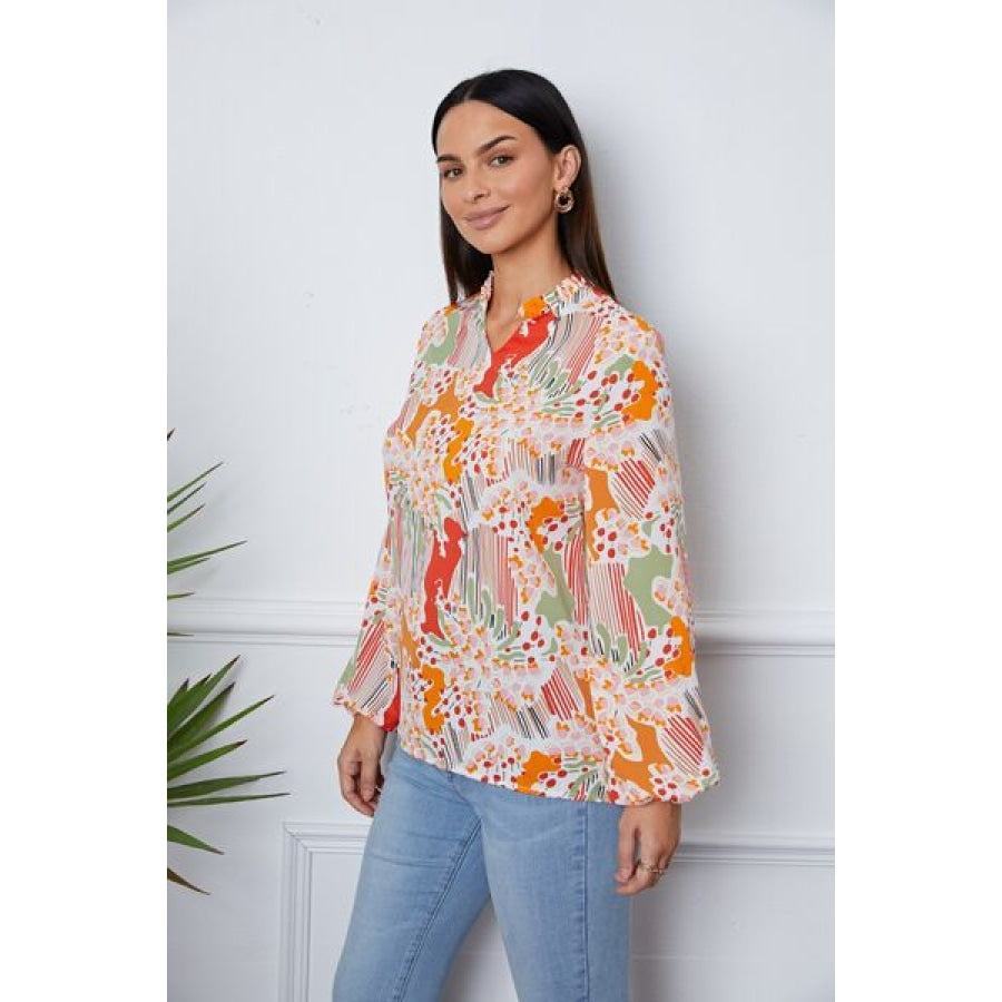 Floral Frill Notched Long Sleeve Blouse Clothing