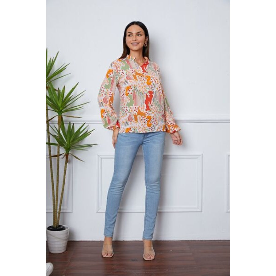 Floral Frill Notched Long Sleeve Blouse Clothing