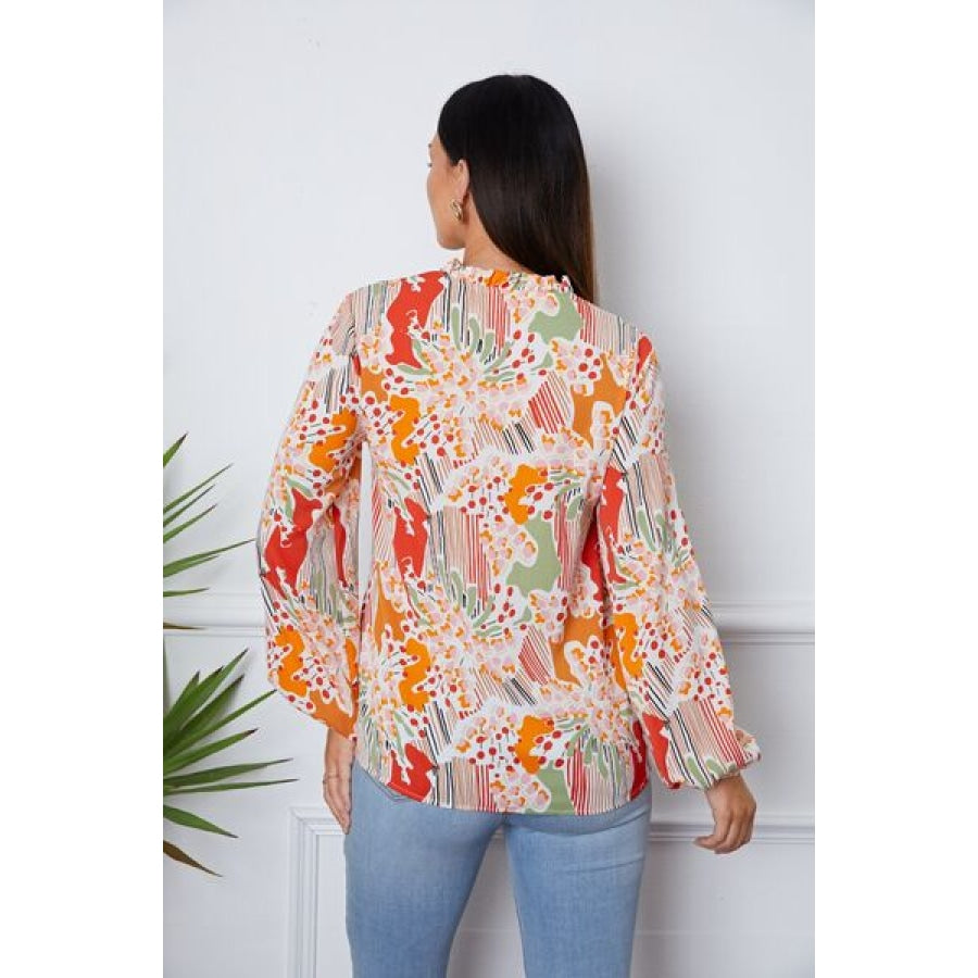 Floral Frill Notched Long Sleeve Blouse Clothing