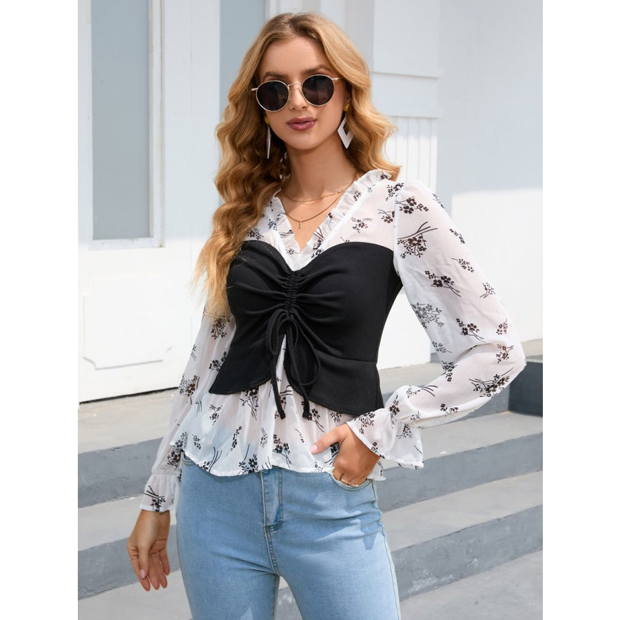 Floral Frill Trim Flounce Sleeve Drawstring Blouse Black/White / S