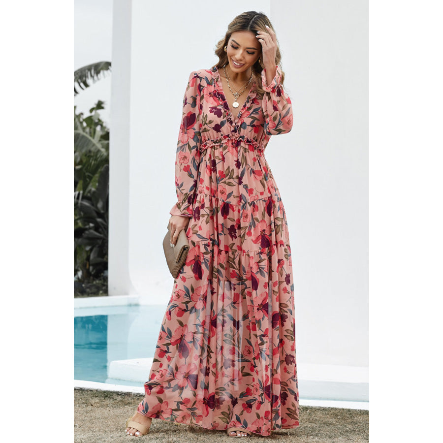 Floral Frill Trim Flounce Sleeve Plunge Maxi Dress Floral / S