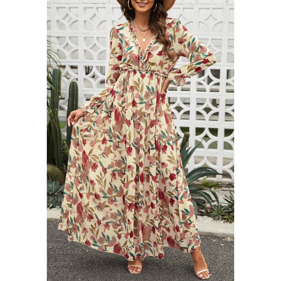 Floral Frill Trim Flounce Sleeve Plunge Maxi Dress Sand / S