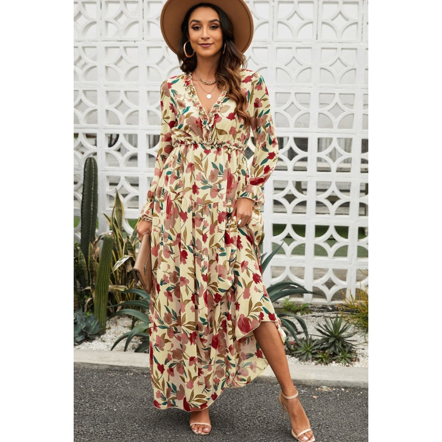 Floral Frill Trim Flounce Sleeve Plunge Maxi Dress