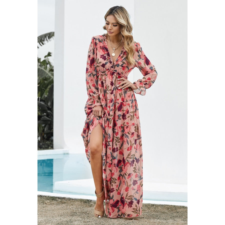 Floral Frill Trim Flounce Sleeve Plunge Maxi Dress