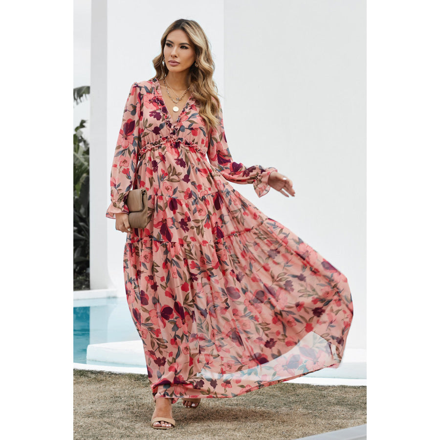 Floral Frill Trim Flounce Sleeve Plunge Maxi Dress