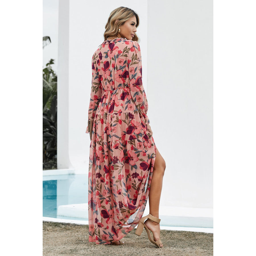 Floral Frill Trim Flounce Sleeve Plunge Maxi Dress