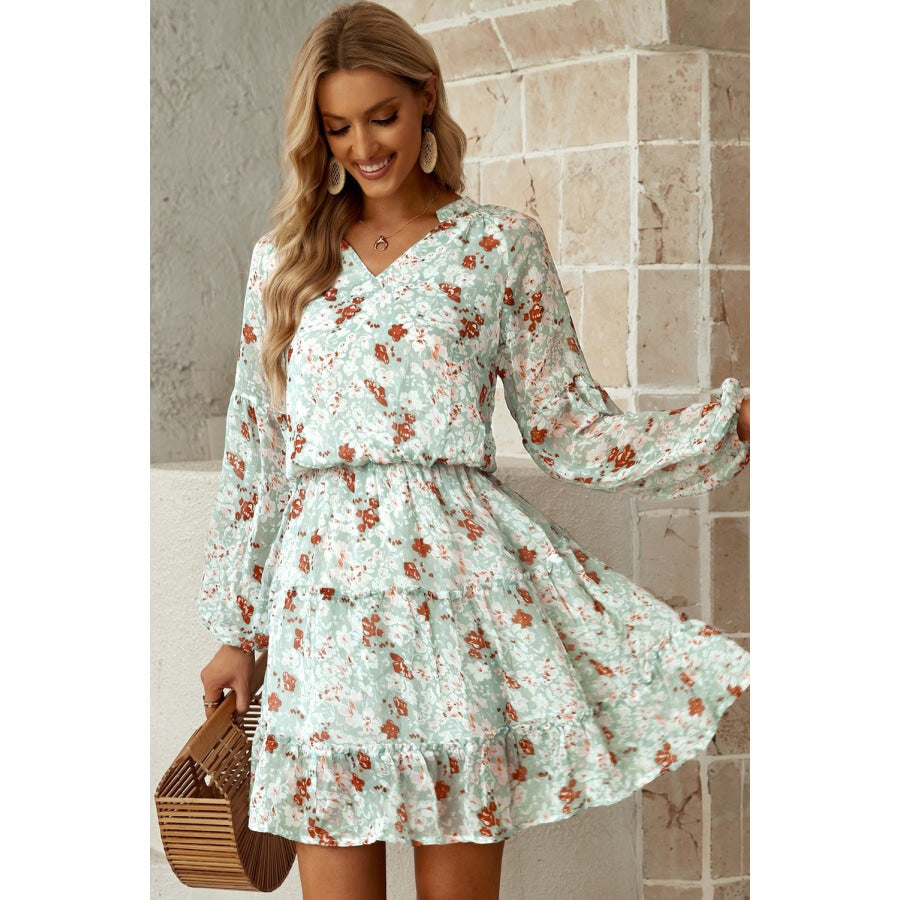 Floral Frill Trim Puff Sleeve Notched Neck Dress Green / S