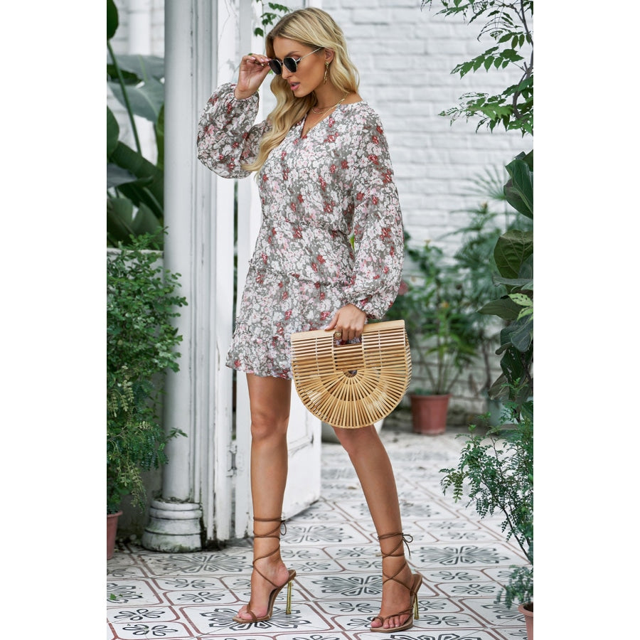 Floral Frill Trim Puff Sleeve Notched Neck Dress