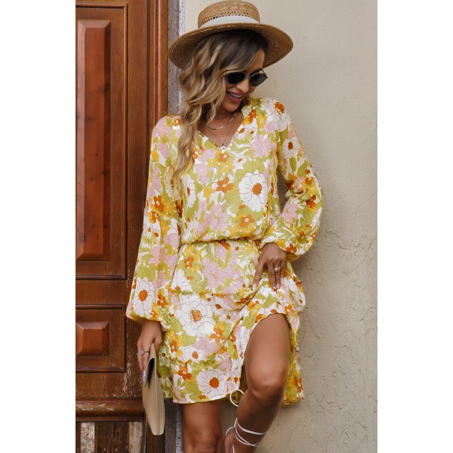 Floral Frill Trim Puff Sleeve Notched Neck Dress