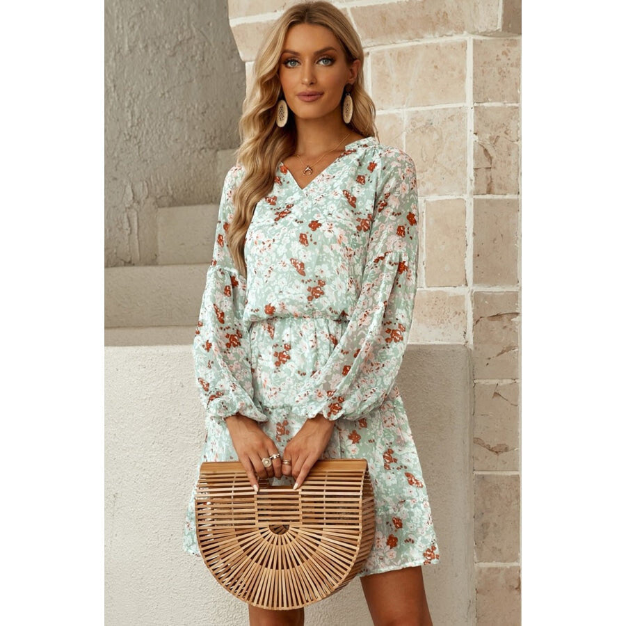 Floral Frill Trim Puff Sleeve Notched Neck Dress