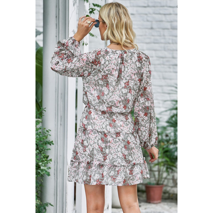 Floral Frill Trim Puff Sleeve Notched Neck Dress