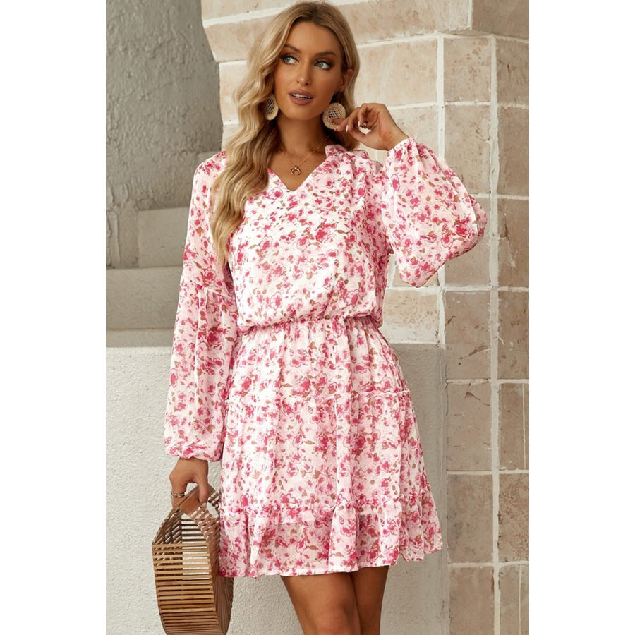 Floral Frill Trim Puff Sleeve Notched Neck Dress