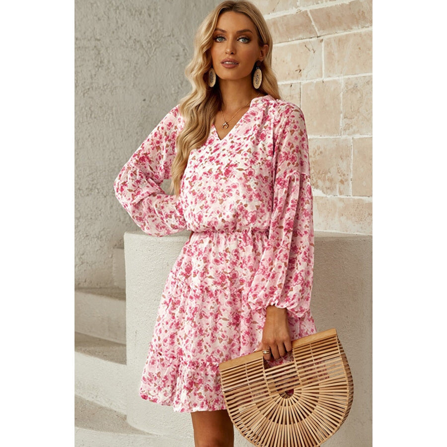 Floral Frill Trim Puff Sleeve Notched Neck Dress