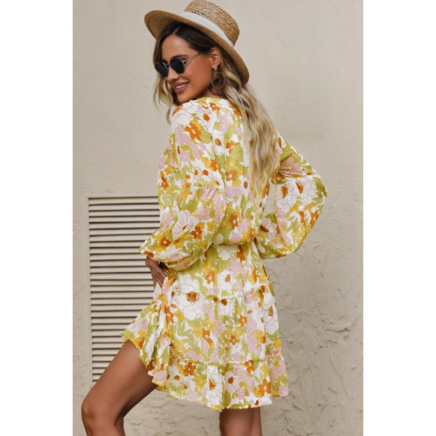 Floral Frill Trim Puff Sleeve Notched Neck Dress