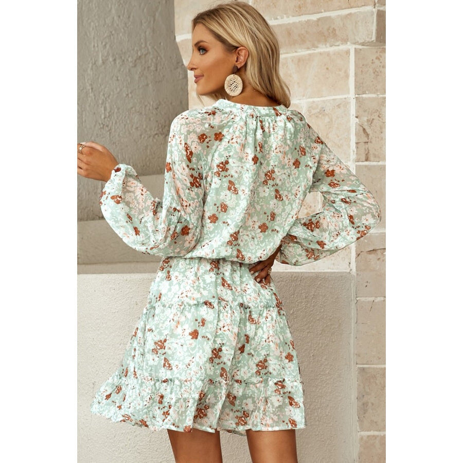 Floral Frill Trim Puff Sleeve Notched Neck Dress